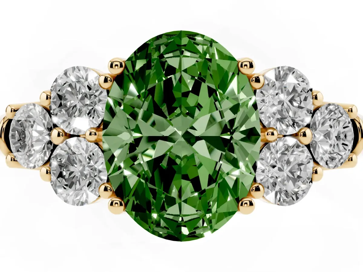 Fancy Green Oval Cut Cut Diamond Cluster Ring with Round Accent Stones and Prong Setting on a Classic Band Yellow gold