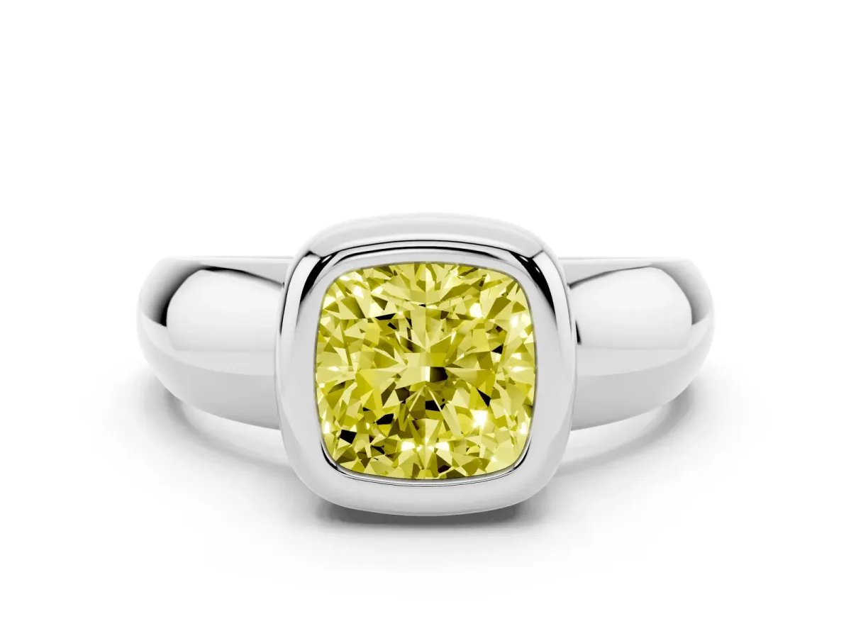 Fancy Yellow Bezel Set Cushion Cut Solitaire Ring with Wide Band Platinum