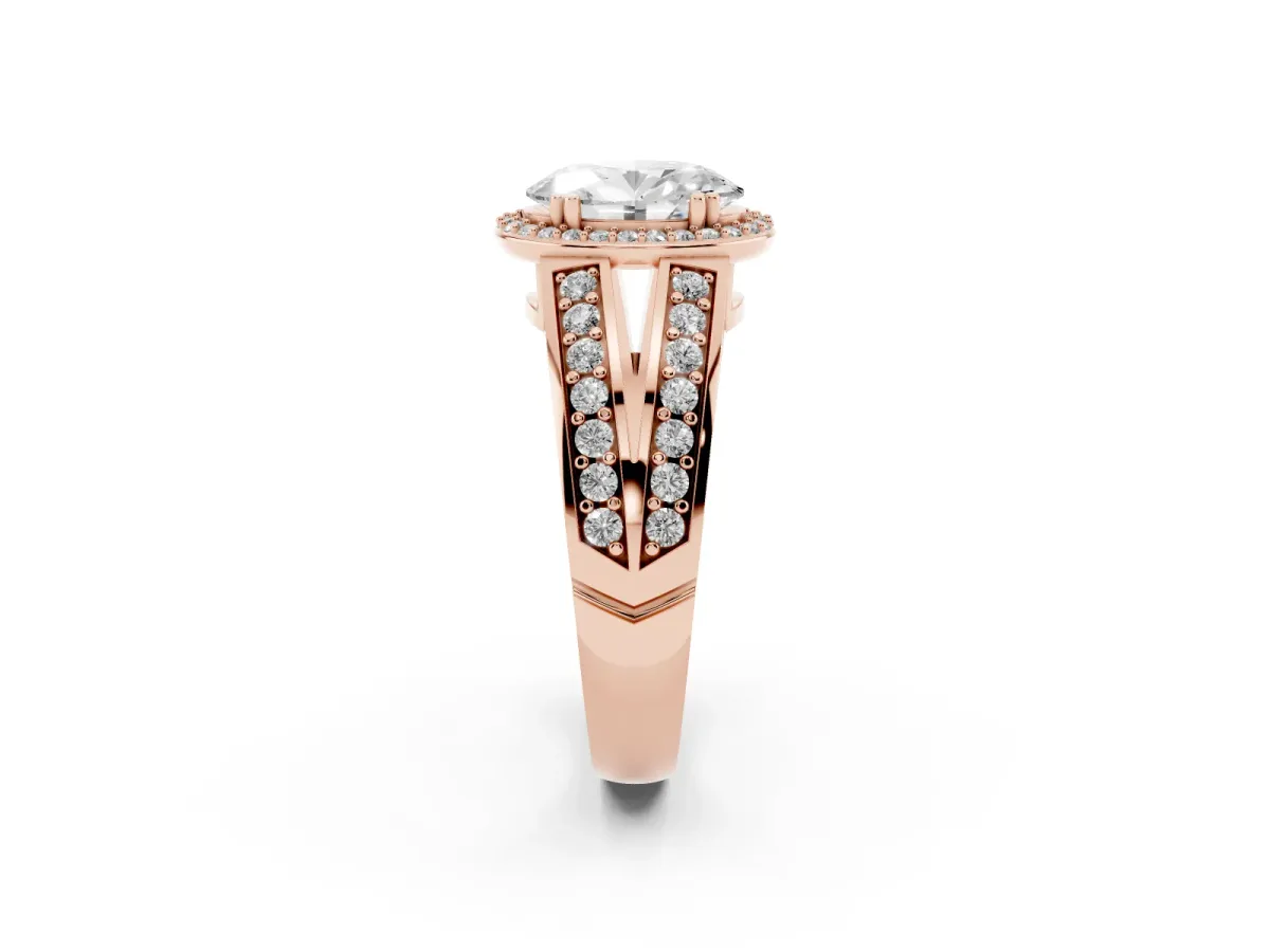 Oval Cut Diamond Halo Ring with Split Shank Pavé Band and Four-Prong Setting Rose gold