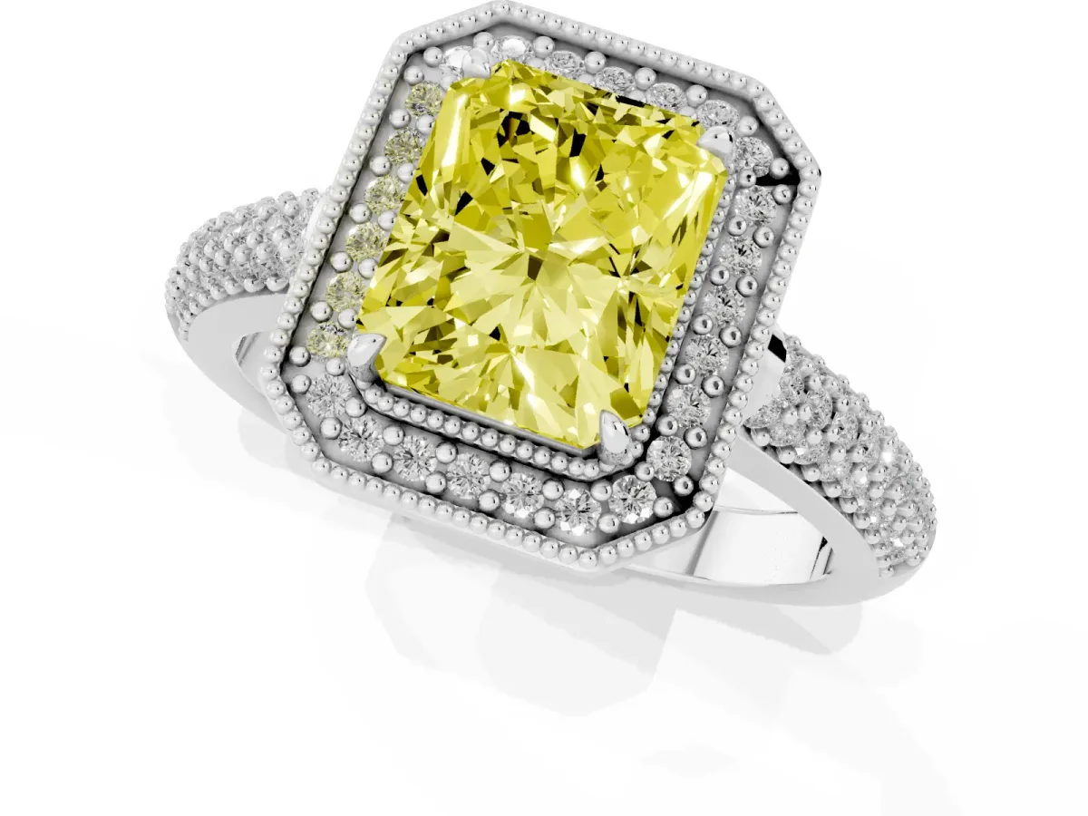 Fancy Yellow Radiant Cut Cut Halo Diamond Pave Band with Four-Prong Setting Silver