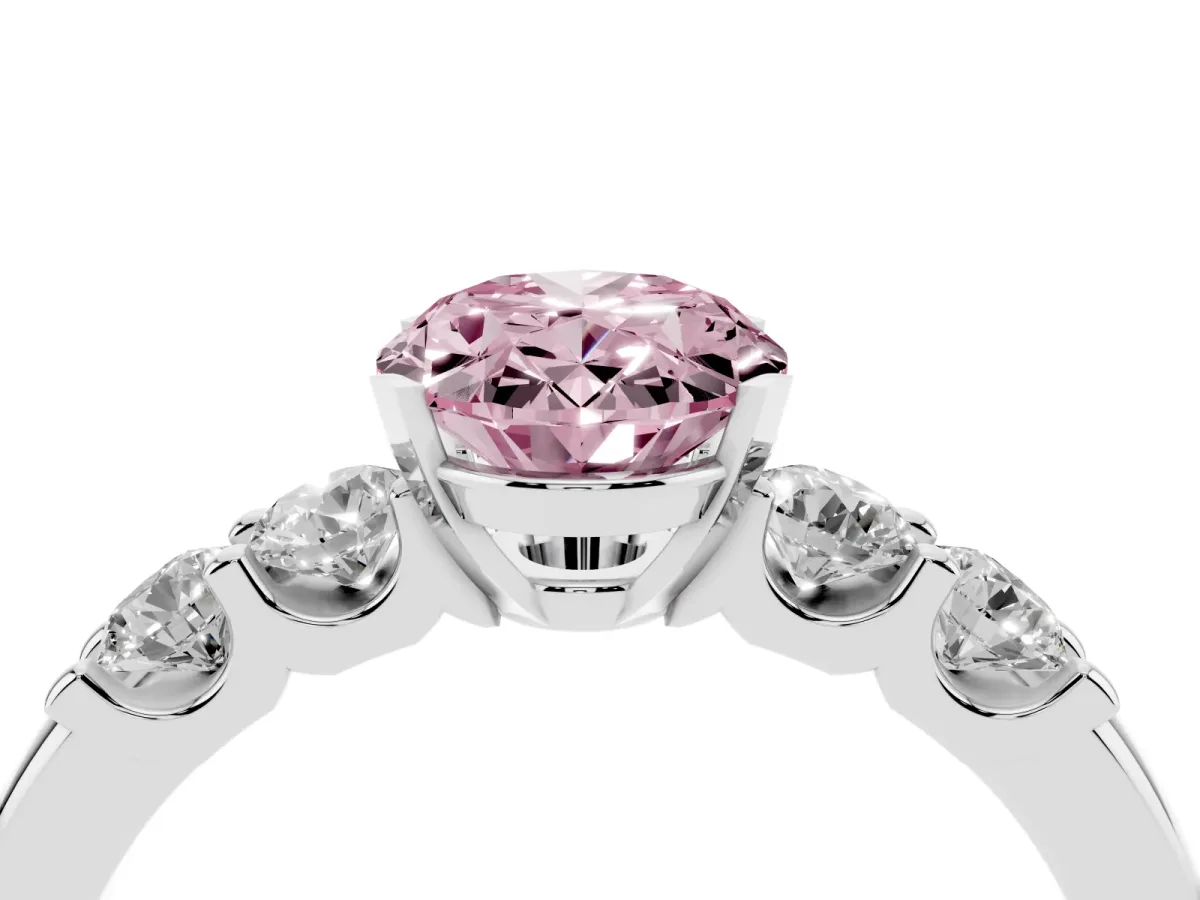Fancy Pink Oval Cut Brilliant Cut Diamond Five-Stone Prong Set Engagement Ring with Channel Band Silver