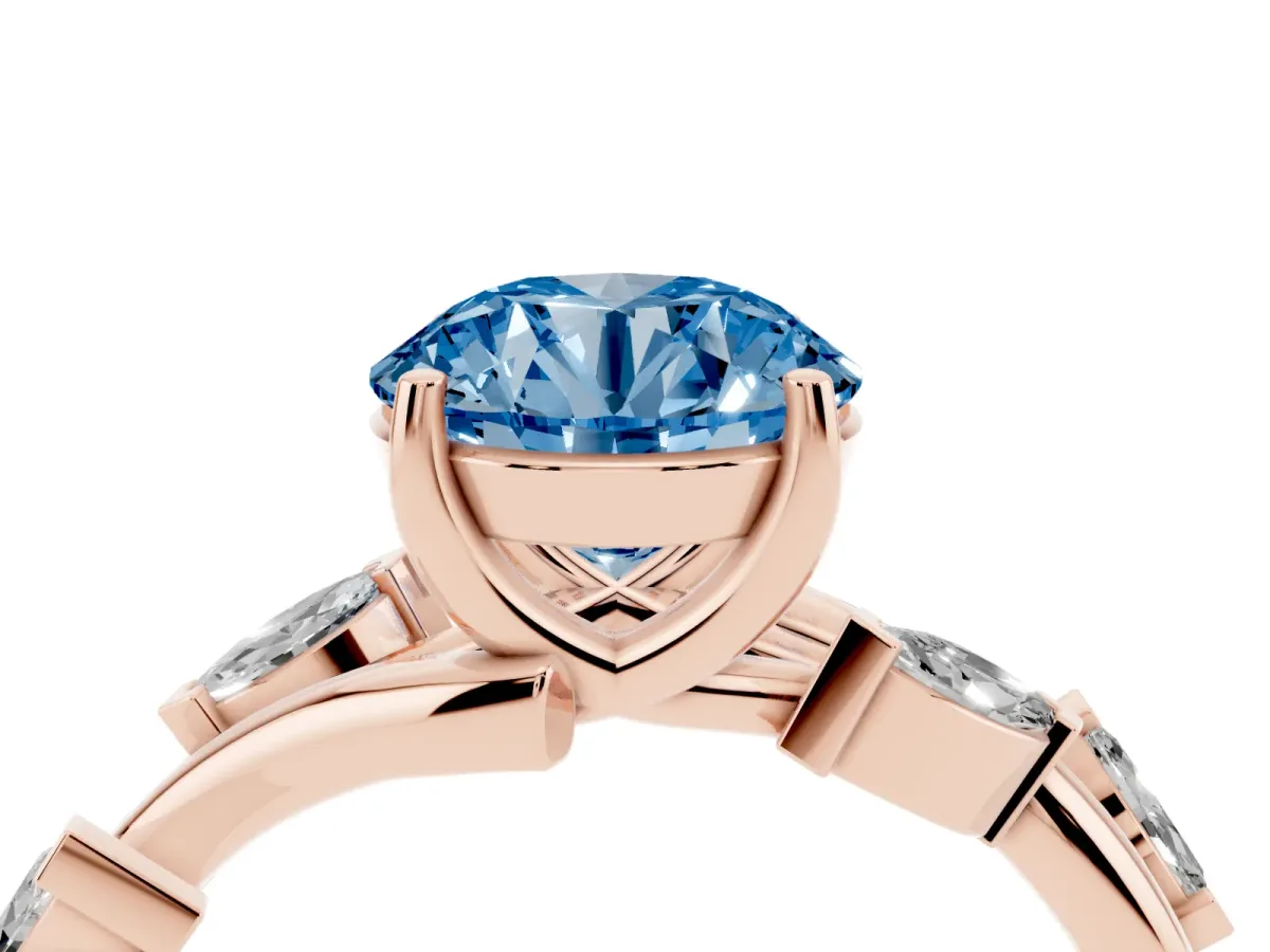 Fancy Blue Round Cut Solitaire Twisted Band Marquise Accent Prong Setting Ring Rose gold