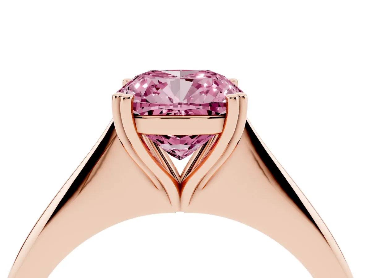 Fancy Pink Cushion Cut Solitaire Diamond Ring with Six-Prong Setting and Classic Band Rose gold