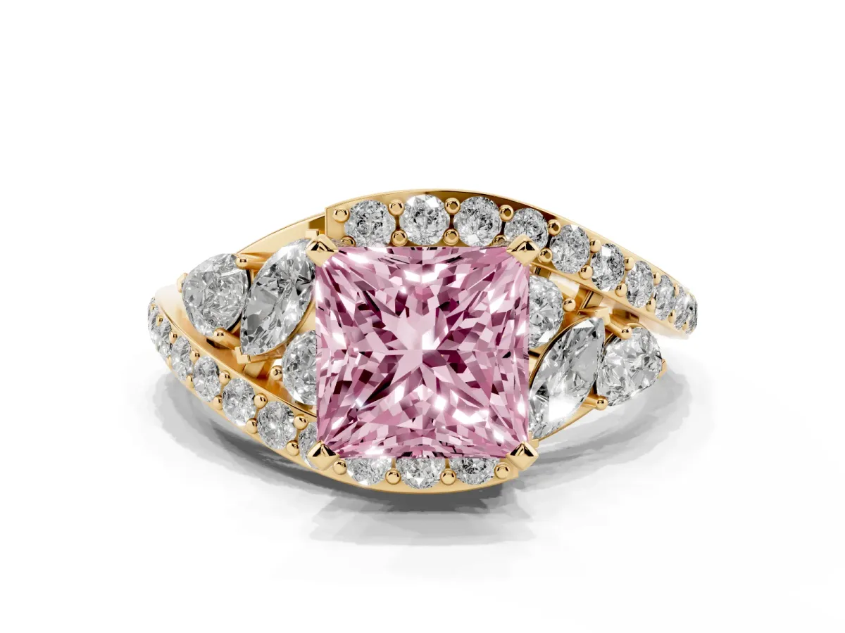 Fancy Pink Princess Cut Diamond Halo Ring with Marquise and Pavé Band in Prong Setting Yellow gold
