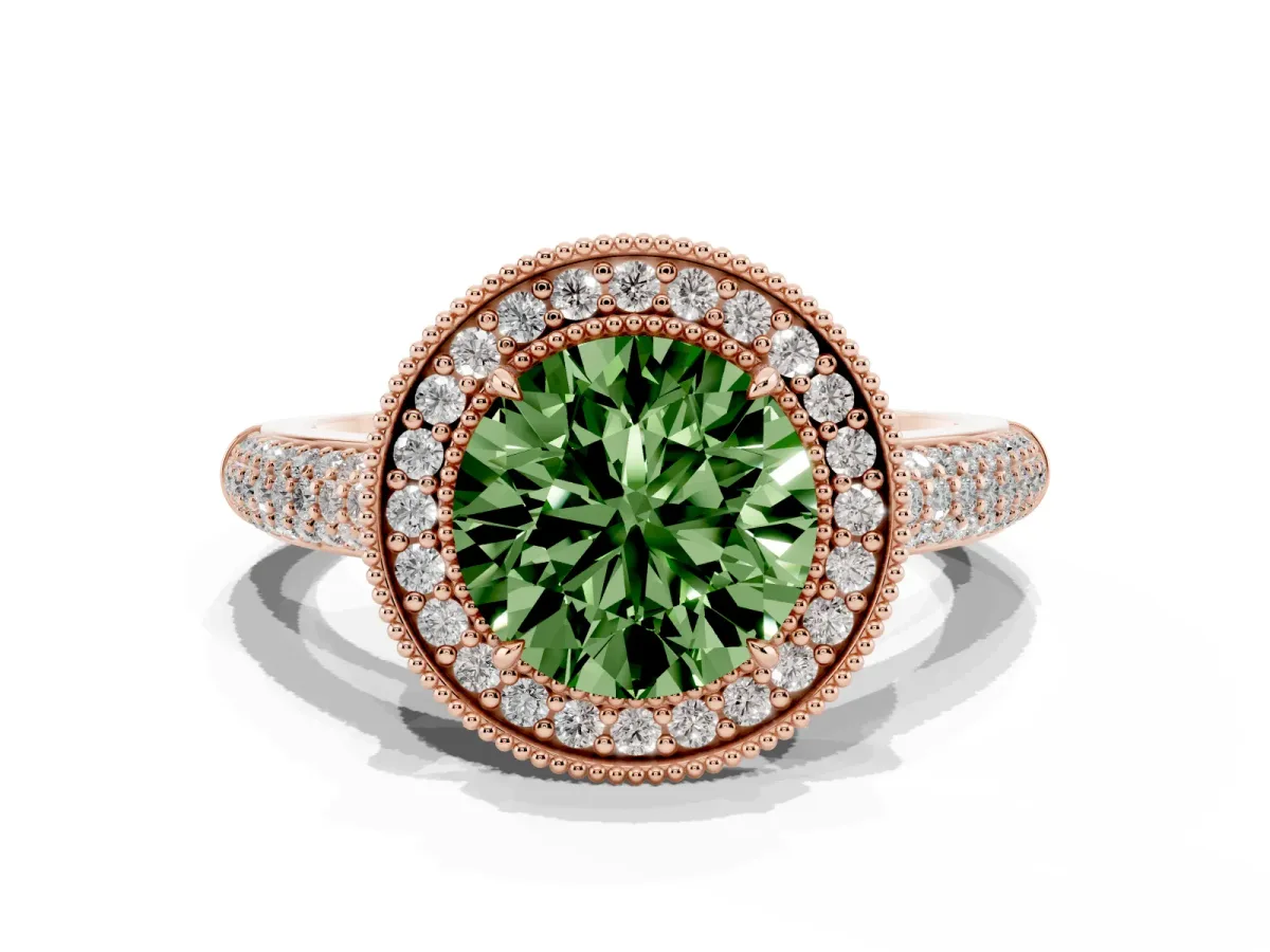Fancy Green Round Cut Cut Halo Diamond Pave Band with Four-Prong Setting Rose gold
