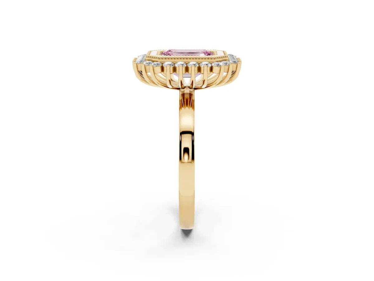 Fancy Pink Emerald Cut Halo Diamond Ring with Milgrain Edge and Round Prong Setting Yellow gold