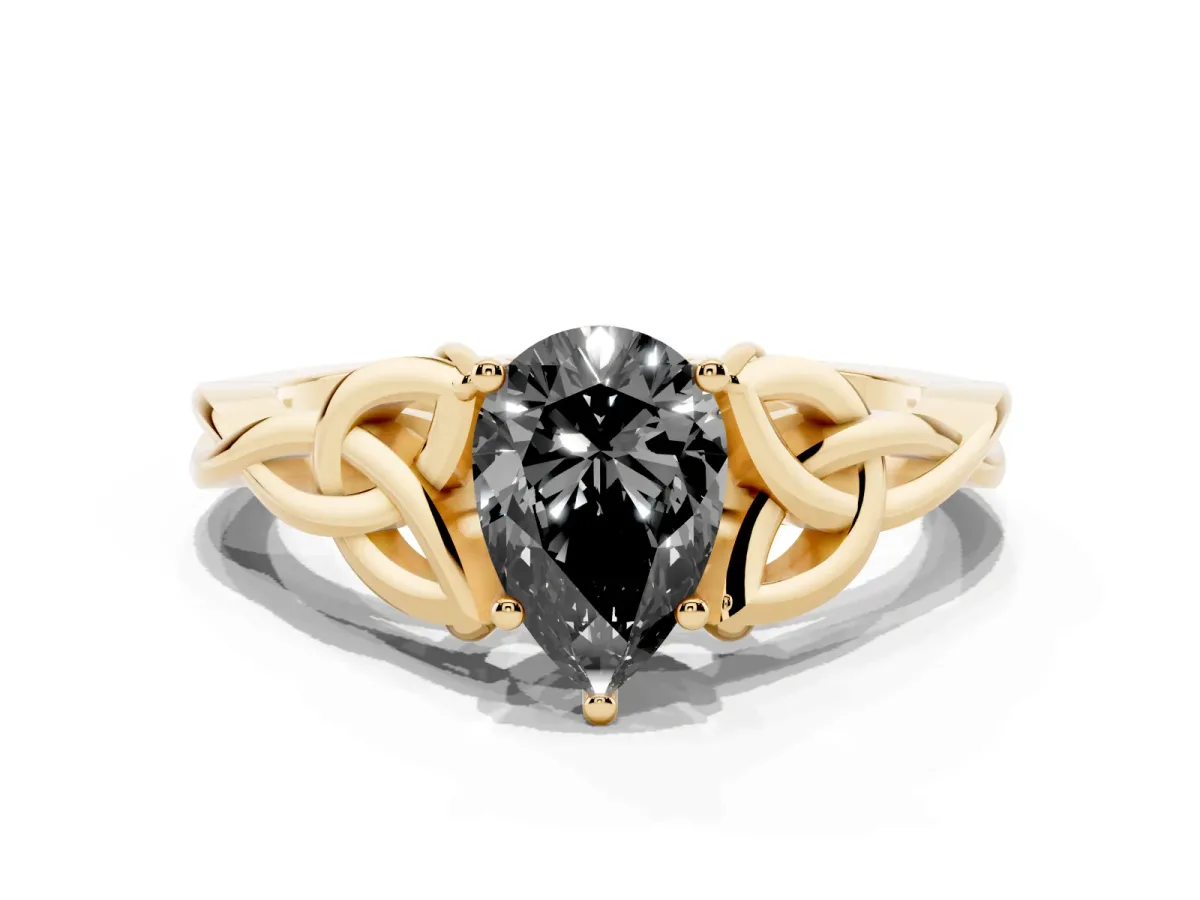 Fancy Black Pear Cut Diamond Solitaire Engagement Ring with Celtic Knot Band and Four-Prong Setting Yellow gold