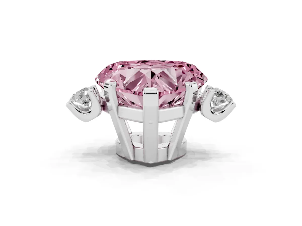 Fancy Pink Heart Cut Cut Three-Stone Solitaire Ring with Round Accent Diamonds and Four-Prong Setting Silver