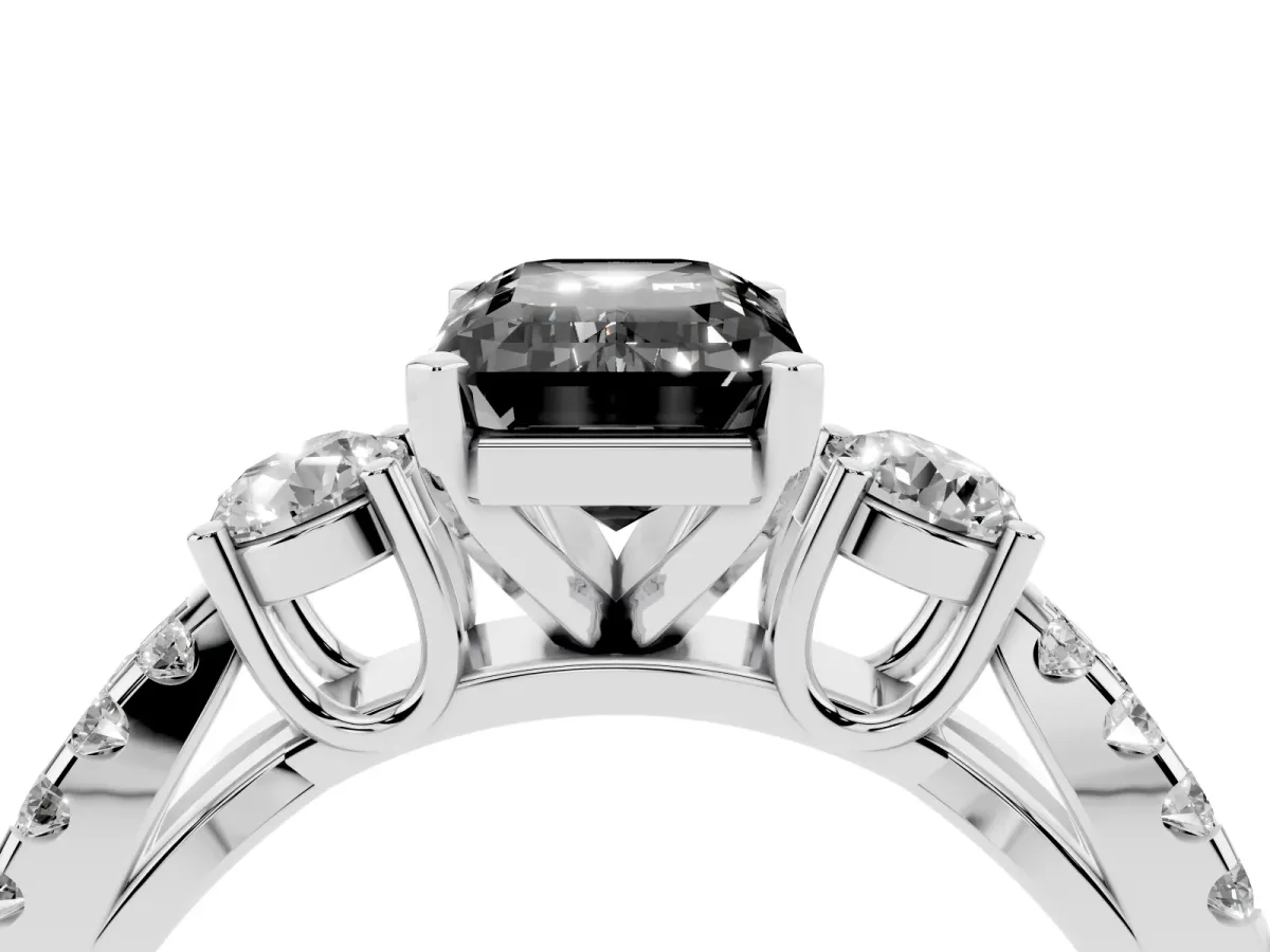 Fancy Black Emerald Cut Diamond Three-Stone Ring with Pavé Split Shank and Four-Prong Setting Platinum