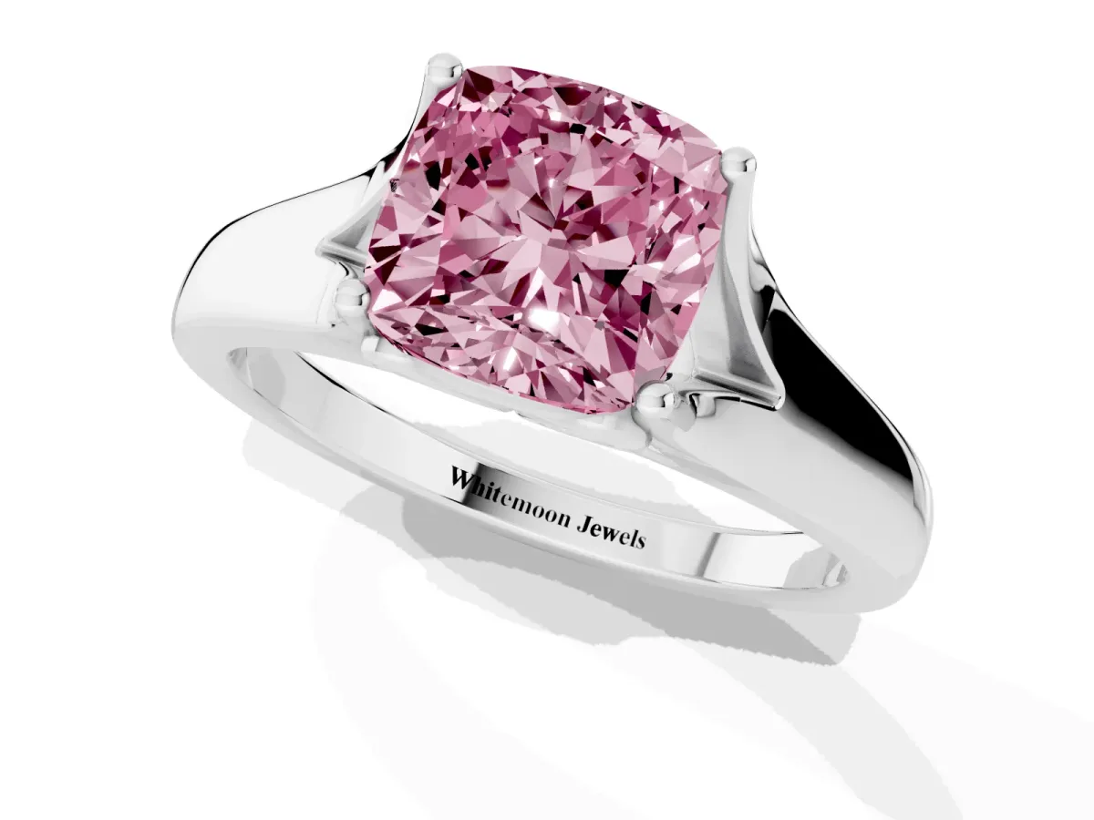 Fancy Pink Cushion Cut Solitaire Diamond Ring with Cathedral Band and Four-Prong Setting Silver