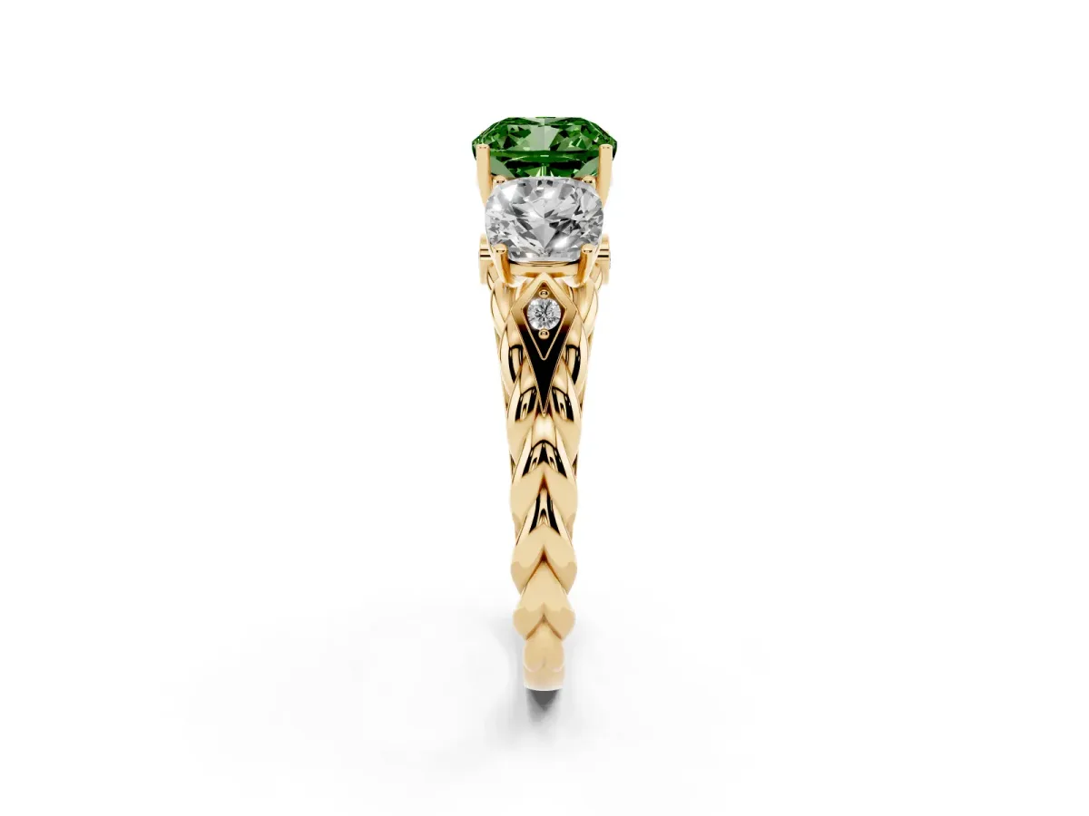 Fancy Green Three-Stone Cushion Cut Diamond Braided Band Ring with Four-Prong Setting Yellow gold