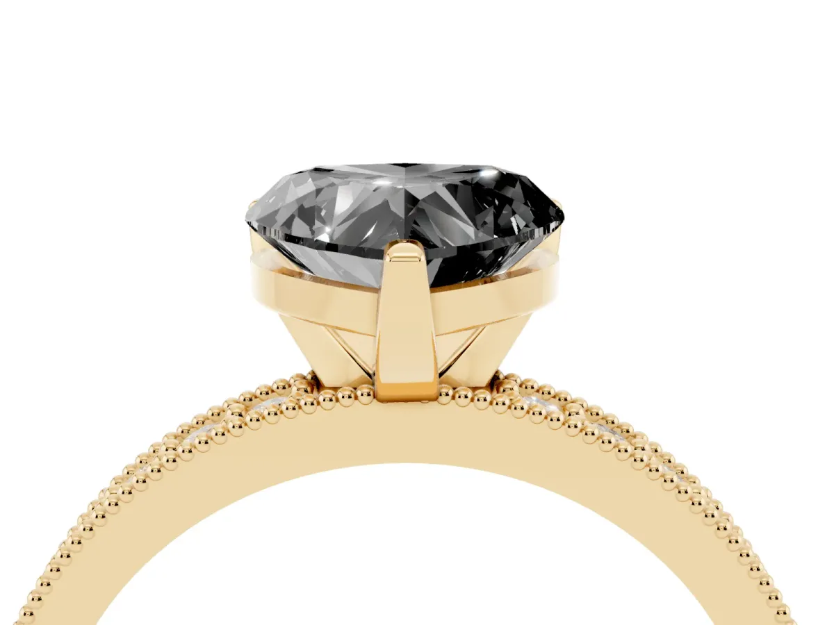 Fancy Black Heart Cut Diamond Milgrain Pavé Engagement Ring with Four-Prong Setting Yellow gold