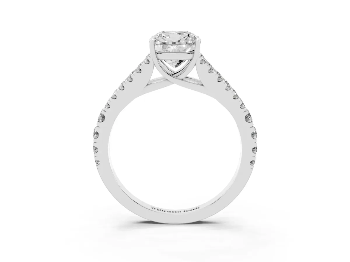 Cushion Cut Diamond Split Shank Engagement Ring with Round Pavé and Prong Setting Silver