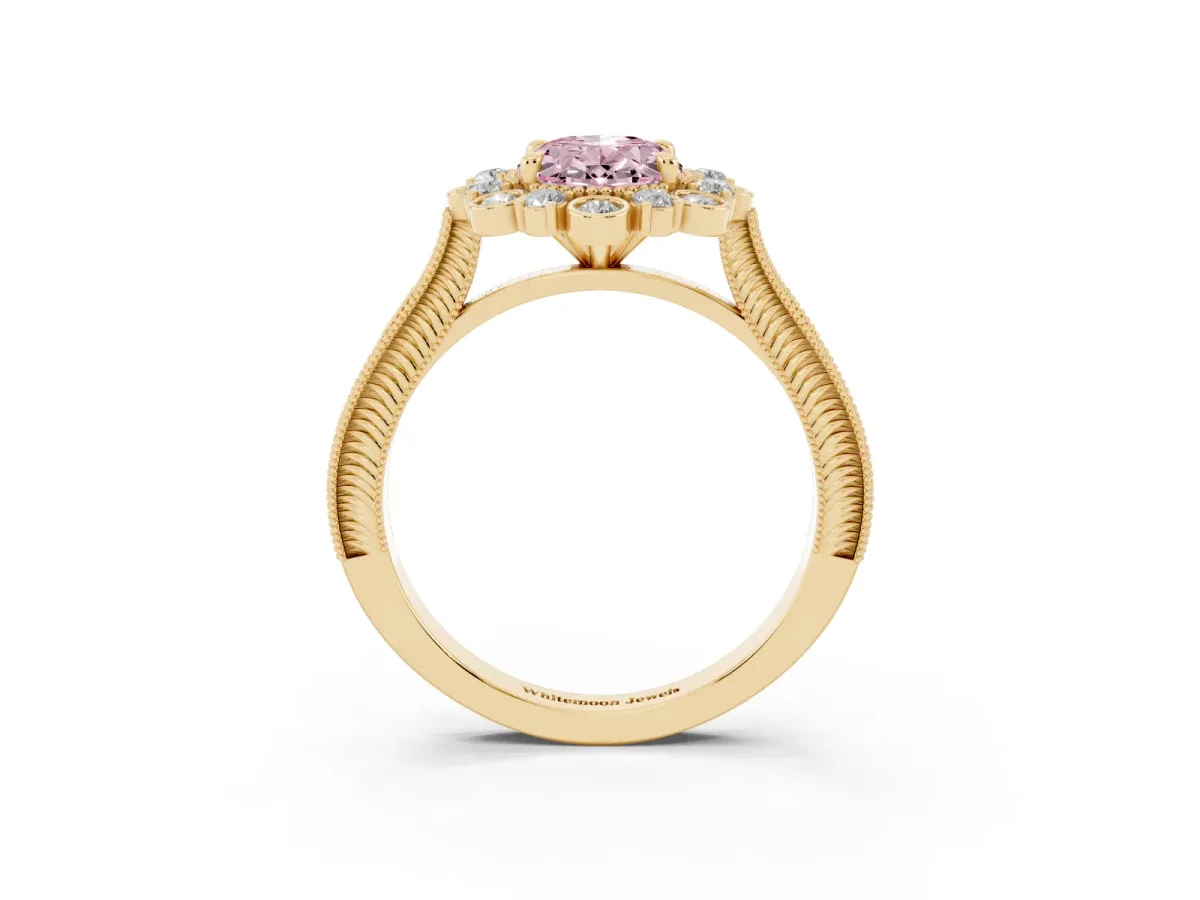 Fancy Pink Oval Cut Halo Milgrain Pave Diamond Ring with Four-Prong Setting Yellow gold