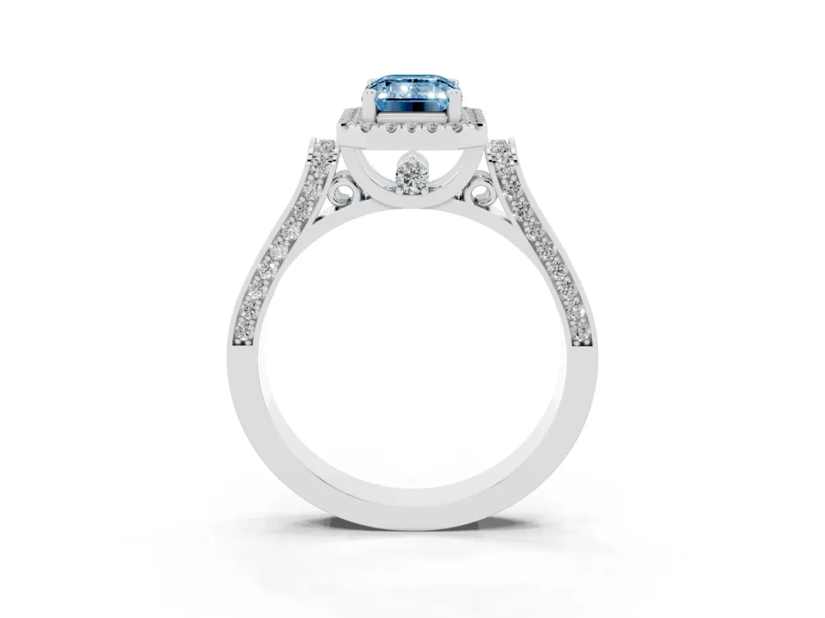 Fancy Blue Emerald Cut Halo Pave Split Shank Prong Setting Ring Platinum