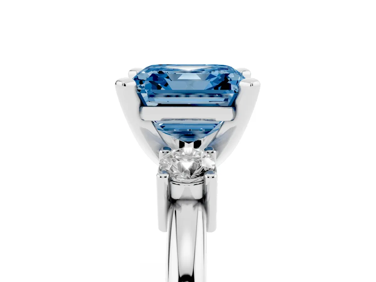 Fancy Blue Three-Stone Asscher Cut Cut Diamond Solitaire with Prong Setting and Classic Band Silver