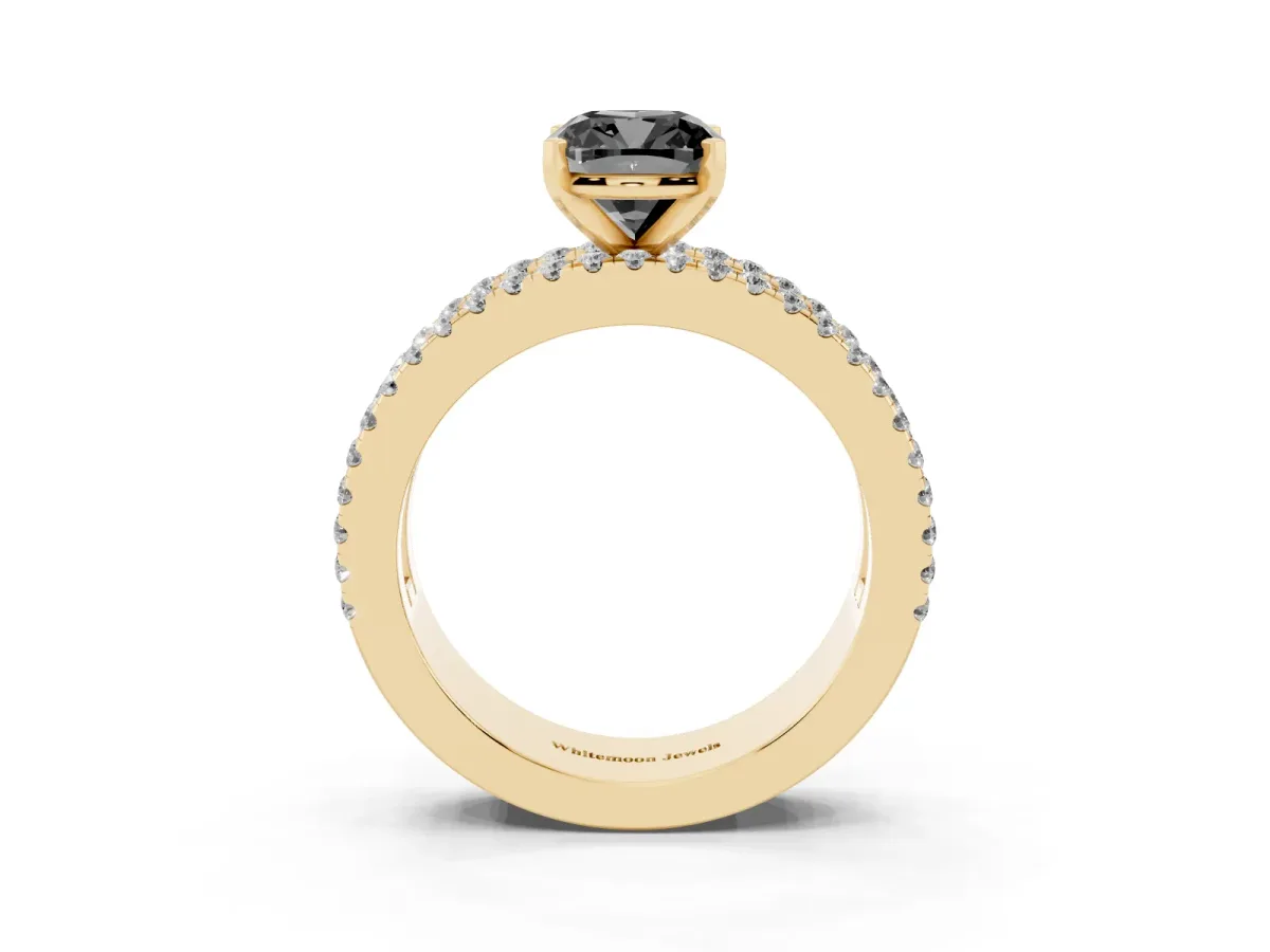 Fancy Black Cushion Cut Diamond Solitaire Ring with Pavé and Channel Set Band Yellow gold