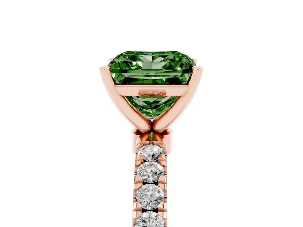 Fancy Green Princess Cut Diamond Solitaire Ring with Pavé Accents and Four-Prong Setting Rose gold