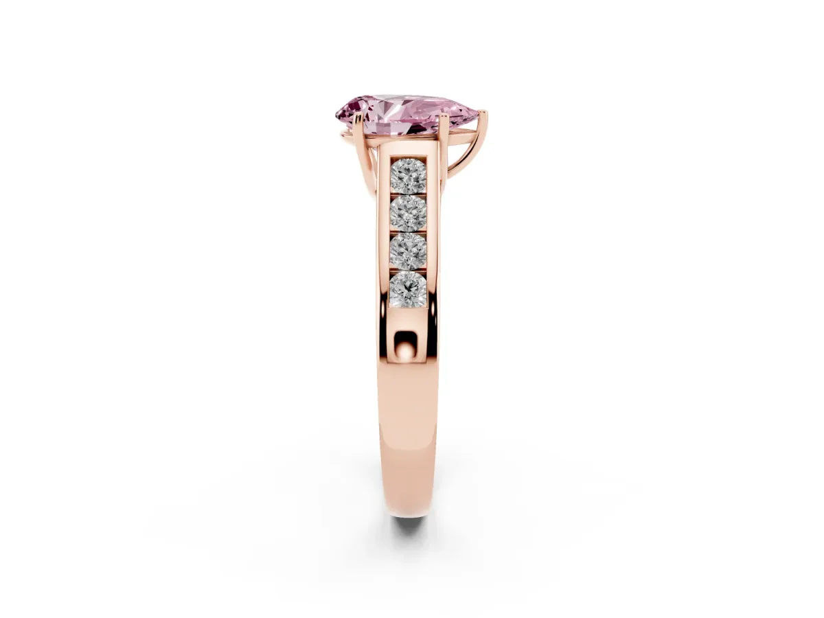 Fancy Pink Pear Cut Brilliant Channel-Set Solitaire Ring with Four-Prong Setting Rose gold