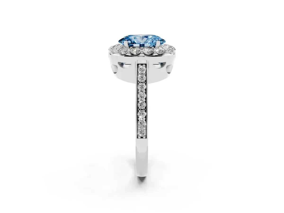Fancy Blue Oval Cut Diamond Floral Halo Ring with Pavé Band and Prong Setting Silver