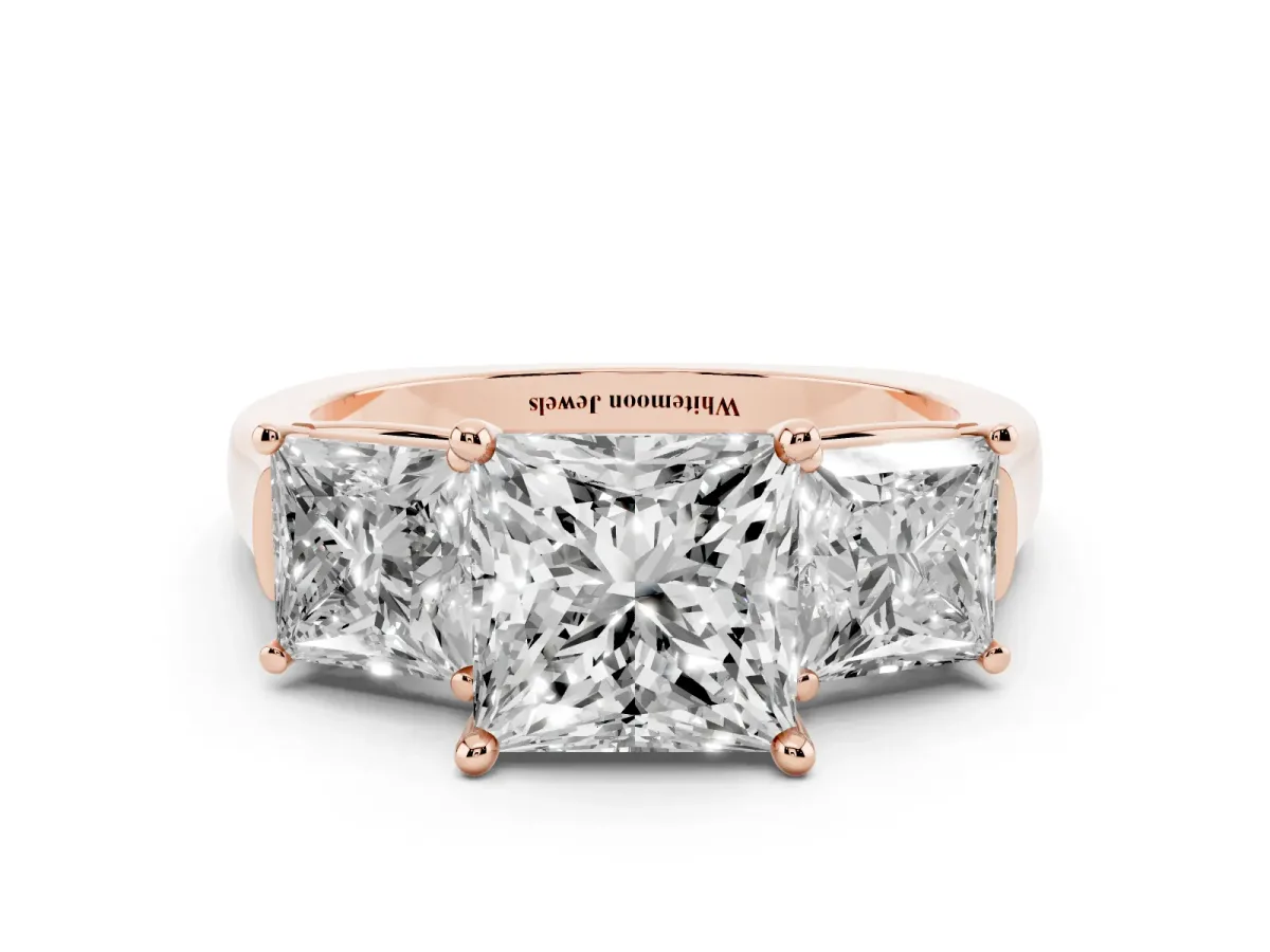 Three-Stone Princess Cut Brilliant Diamond Trellis Ring with Comfort Fit Band Rose gold