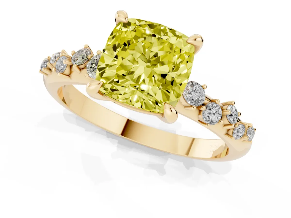 Fancy Yellow Cushion Cut Cut Diamond Vine Band with Four-Prong Setting Yellow gold