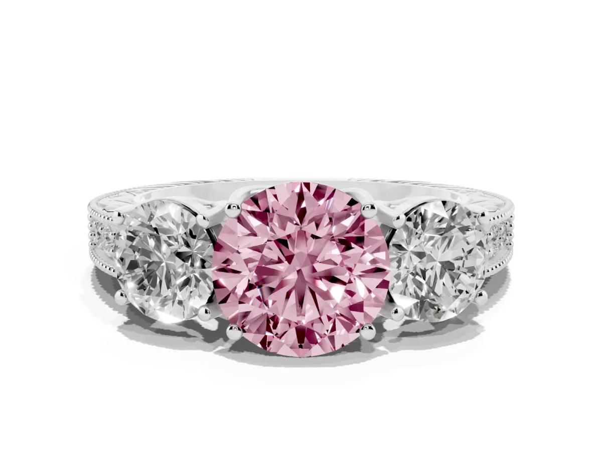 Fancy Pink Three-Stone Round Cut Cut Milgrain Pavé Engagement Ring Silver