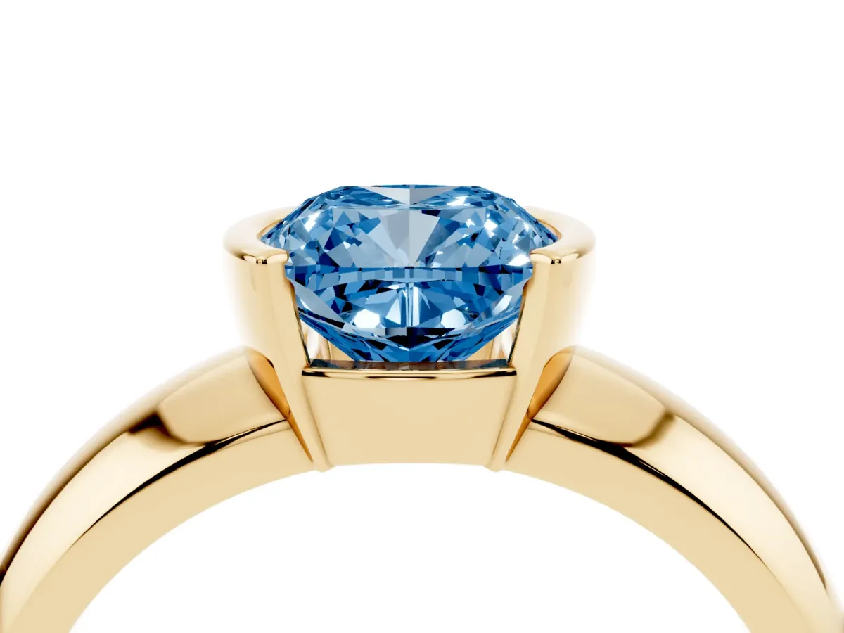 Fancy Blue Cushion Cut Solitaire Tension Set Diamond Ring with Wide Band Yellow gold