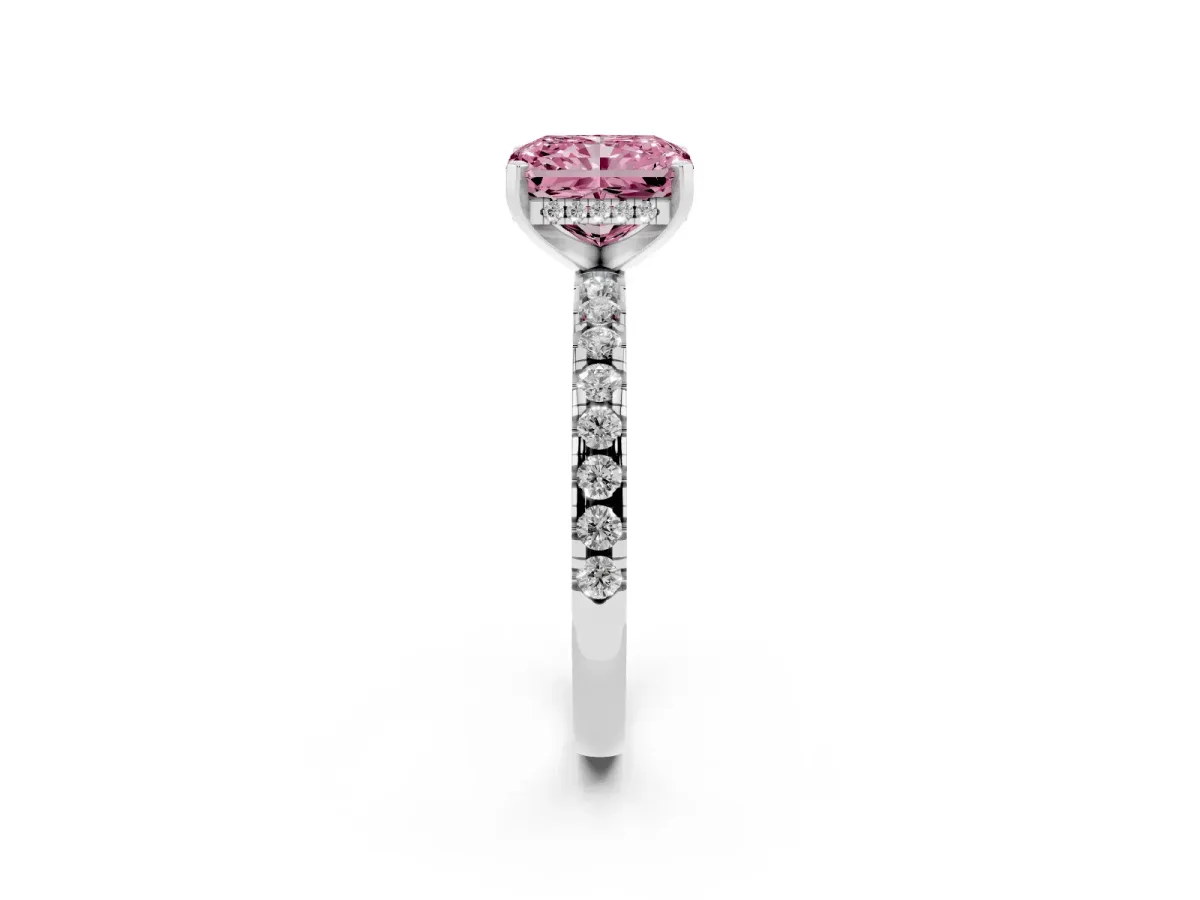 Fancy Pink Radiant Cut Diamond Solitaire Ring with Round Pavé Band and Four-Prong Setting Silver