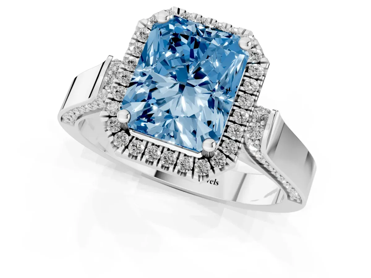 Fancy Blue Radiant Cut Halo Round Diamond Twist Band with Four-Prong Setting White gold