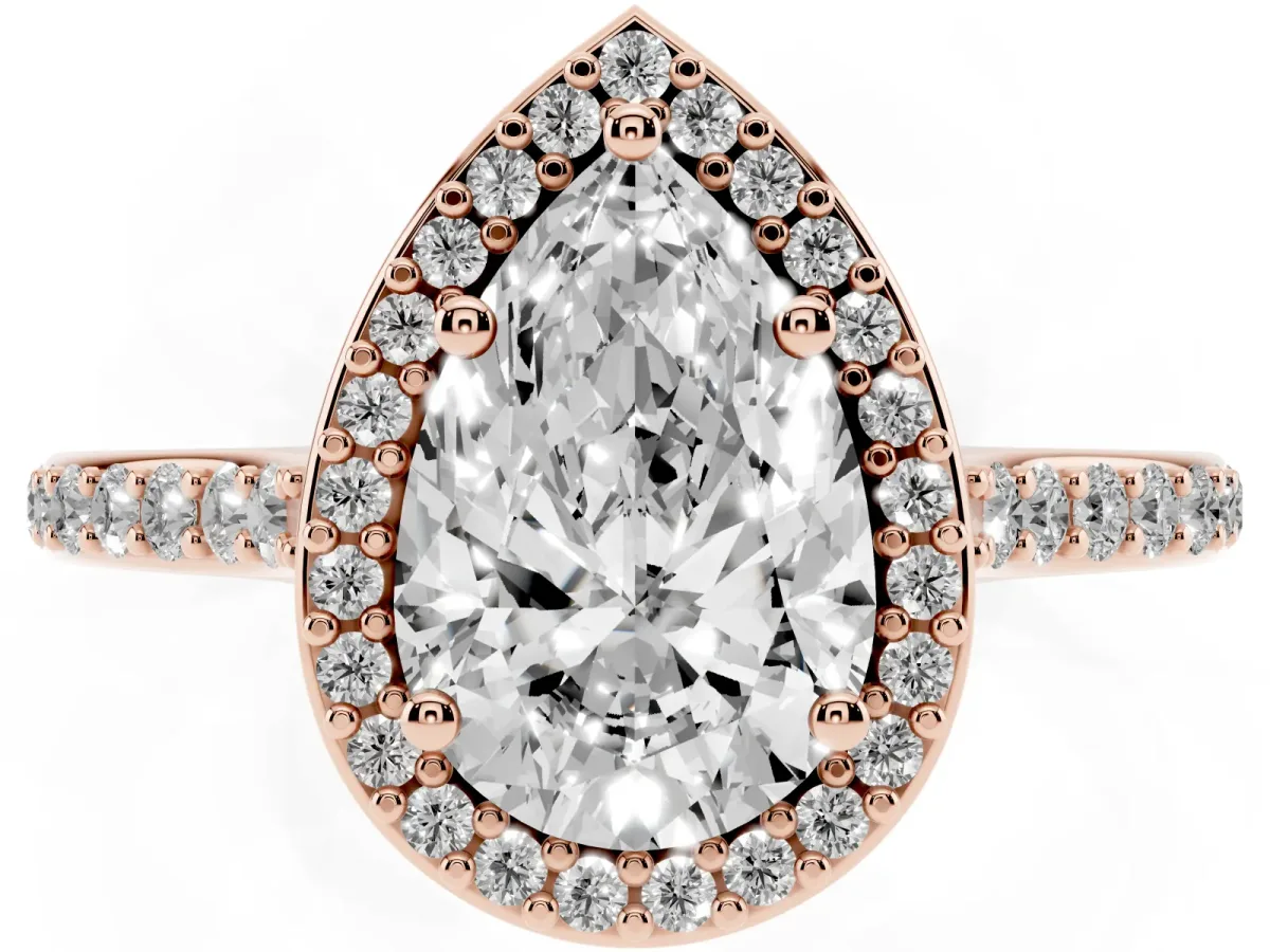 Pear Cut Diamond Halo Engagement Ring with Round Pavé Shoulders and Prong Setting Rose gold