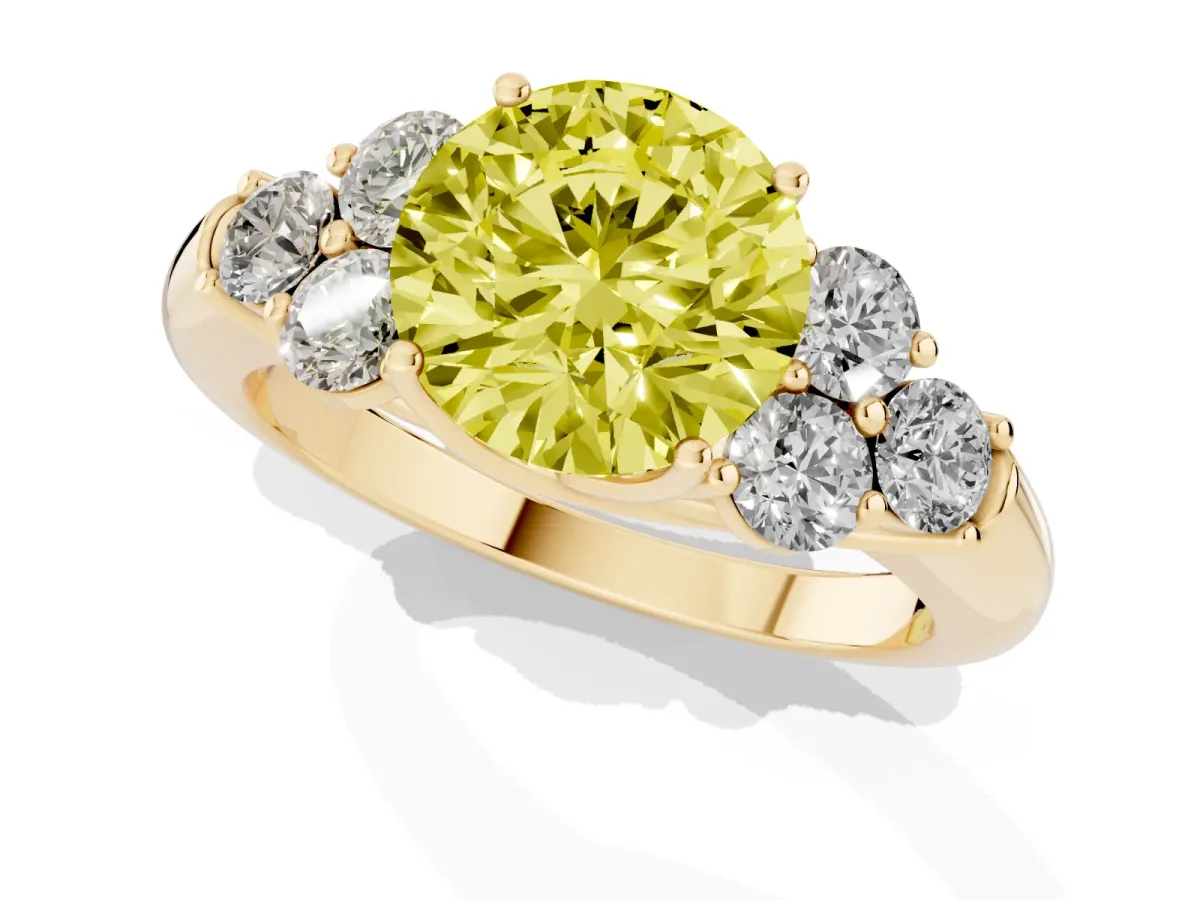 Fancy Yellow Round Cut Cut Diamond Cluster Ring with Round Accent Stones and Prong Setting on a Classic Band Yellow gold
