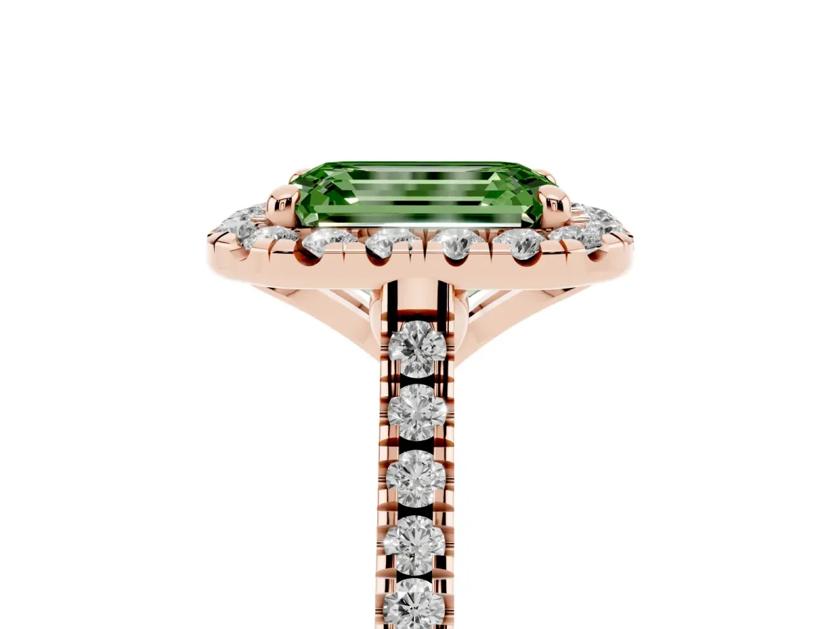 Fancy Green Emerald Cut Diamond Cushion Halo Ring with Pavé Band Rose gold