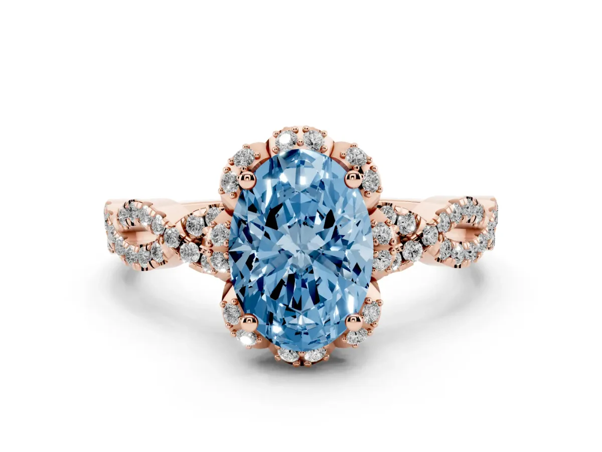 Fancy Blue Oval Cut Halo Twist Band Solitaire Ring with Six-Prong Setting Rose gold