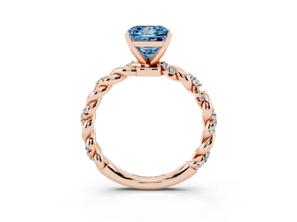 Fancy Blue Princess Cut Diamond Solitaire Ring with Twisted Band and Pavé Accents Rose gold