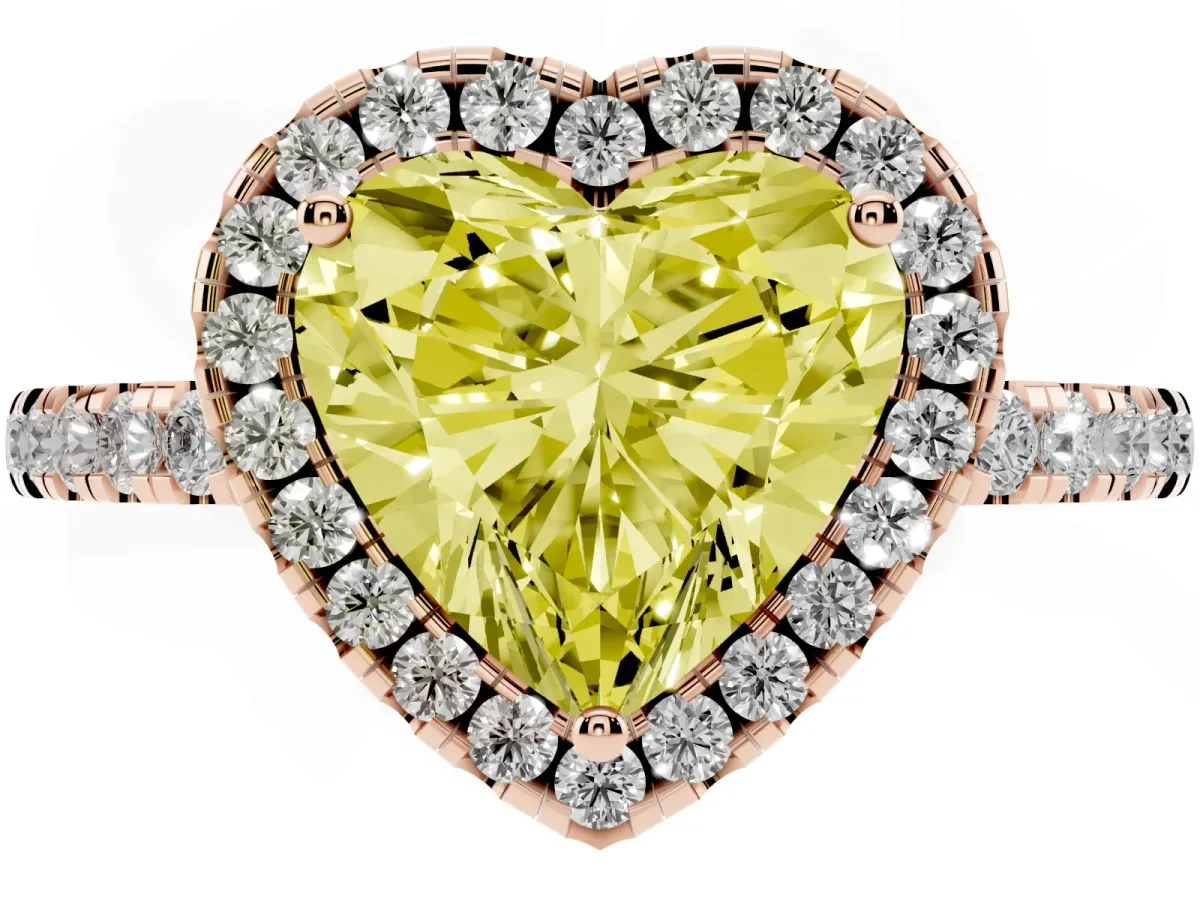 Fancy Yellow Heart Cut Halo Diamond Engagement Ring with Pavé Band and Four-Prong Setting Rose gold