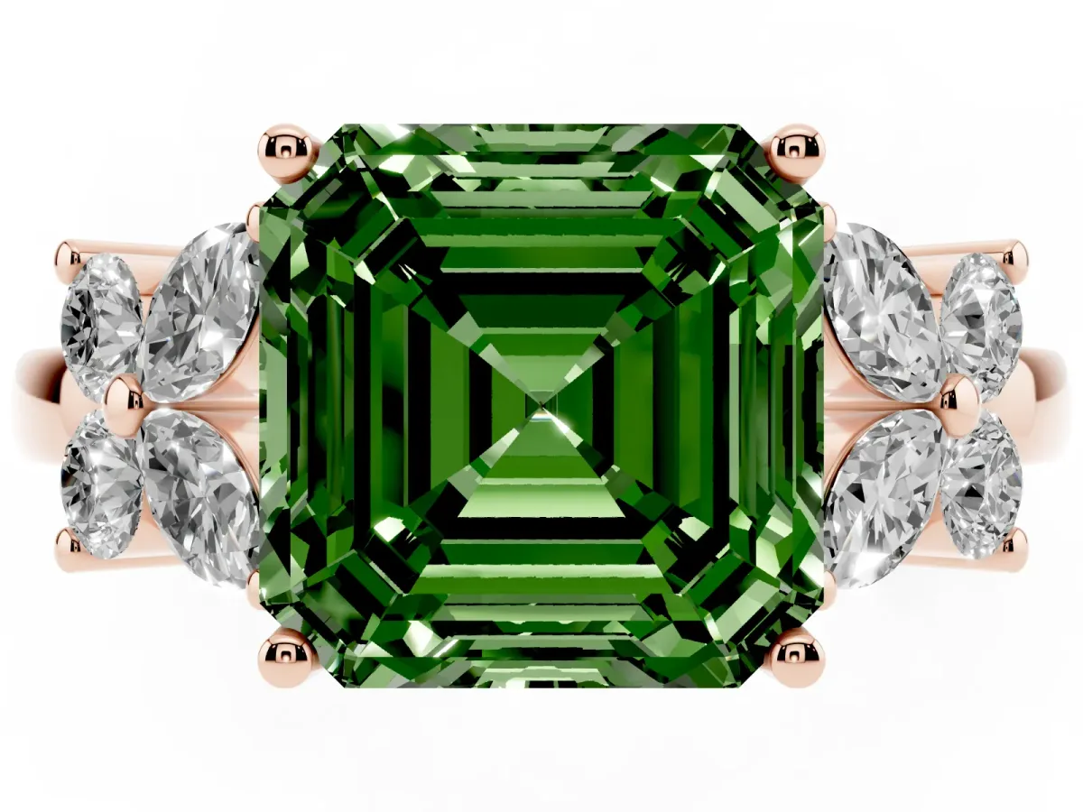 Fancy Green Asscher Cut Diamond Floral Cluster Ring with Solitaire Band and Prong Setting Rose gold