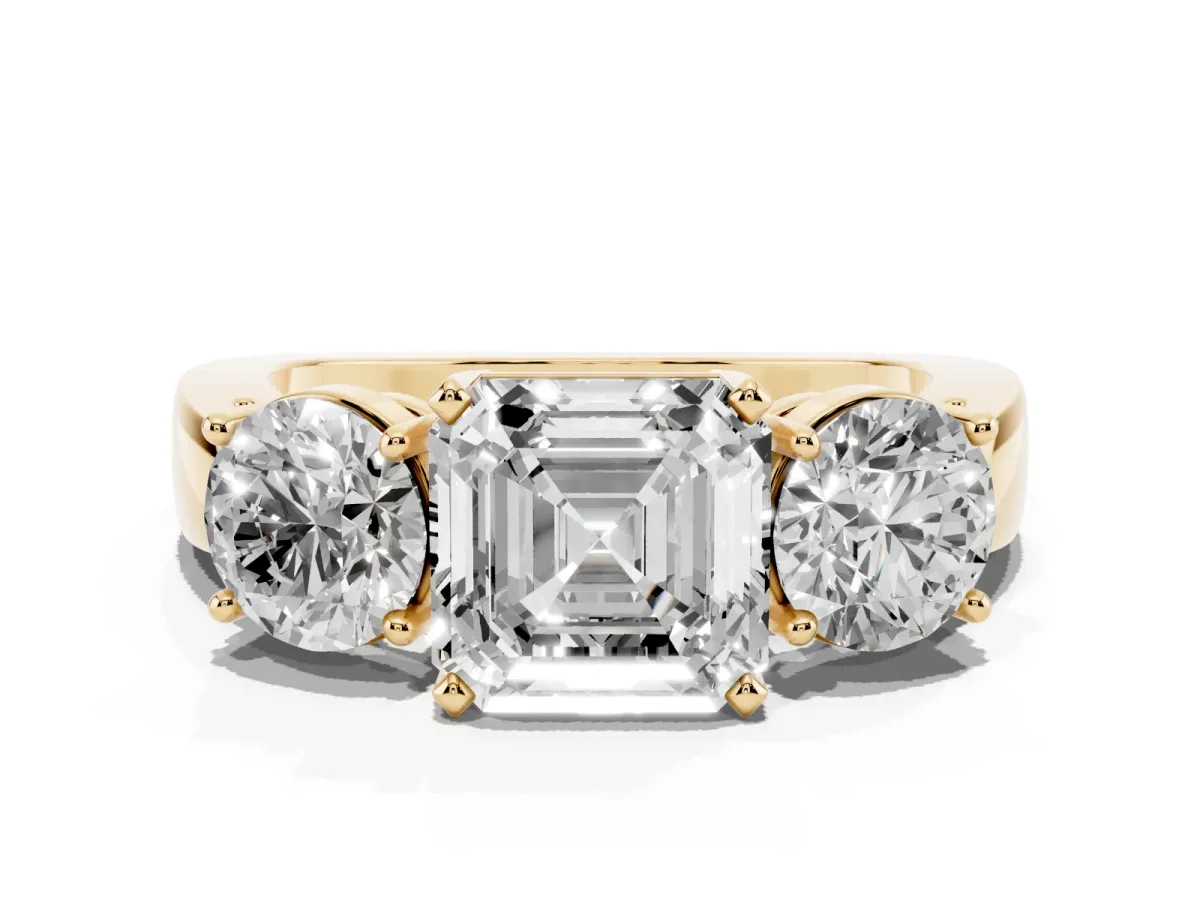 Three-Stone Asscher Cut Diamond Ring with Round Side Stones, Classic Band, and Four-Prong Setting Yellow gold