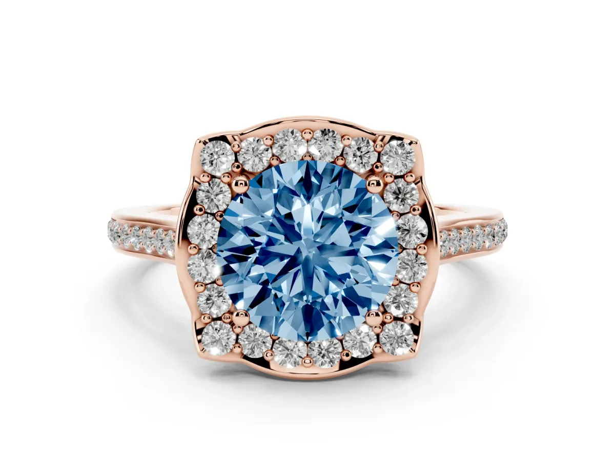 Fancy Blue Round Cut Halo Round Diamond Pave Band with Four-Prong Setting Rose gold