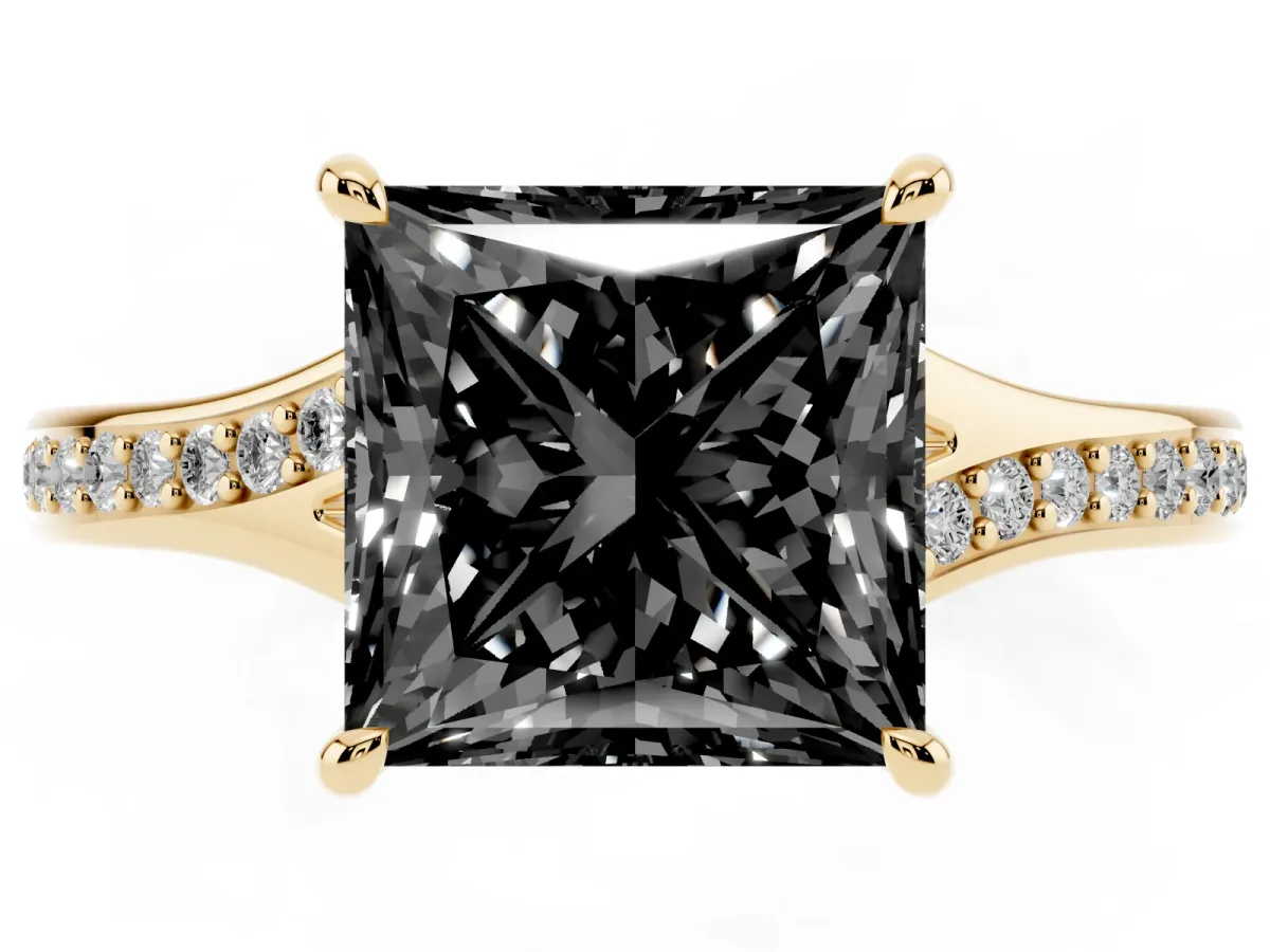 Fancy Black Princess Cut Diamond Solitaire Ring with Pavé Band and Prong Setting Yellow gold
