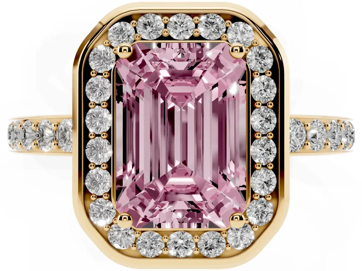 Fancy Pink Emerald Cut Diamond Halo Ring with Bezel Frame and Pavé Band Yellow gold