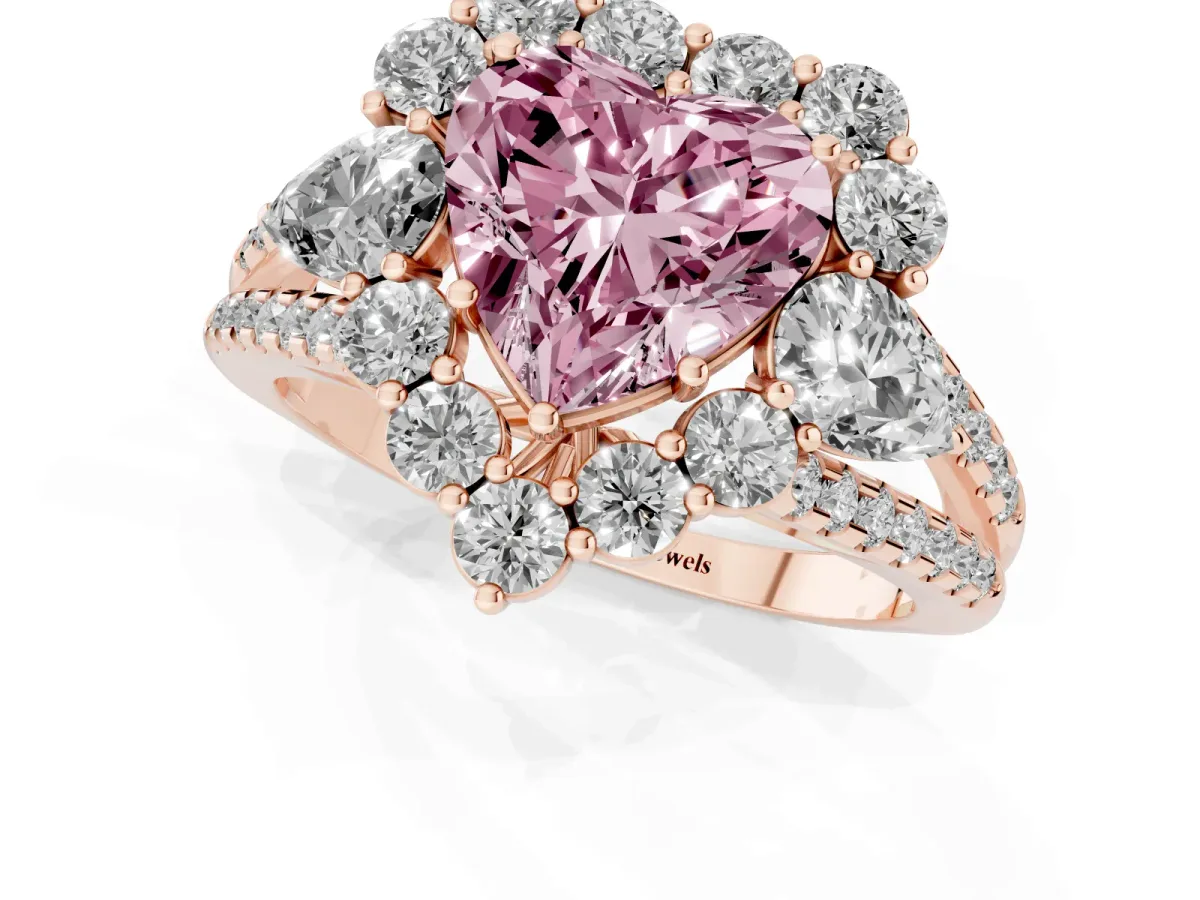 Fancy Pink Heart Cut Halo Split Shank Diamond Engagement Ring with Prong Setting Rose gold