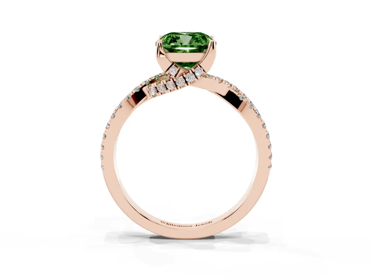 Fancy Green Cushion Cut Solitaire Twist Pave Diamond Engagement Ring with Prong Setting Rose gold