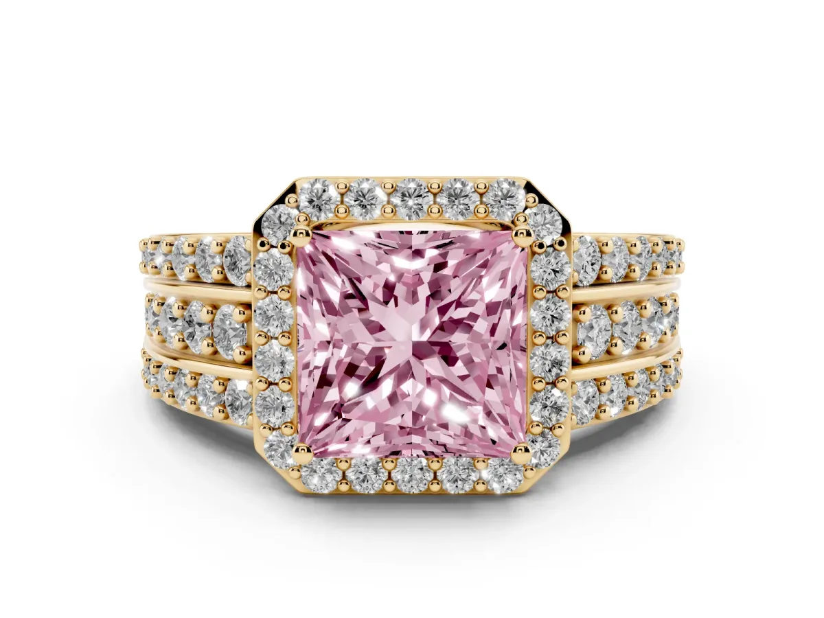 Fancy Pink Princess Cut Halo Diamond Ring with Round Split Shank and Prong Setting Yellow gold