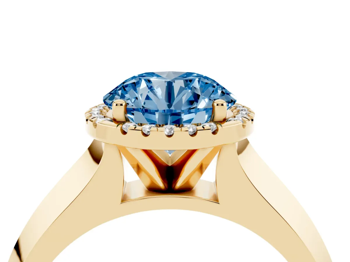 Fancy Blue Round Cut Halo Diamond Ring with Cathedral Band and Four-Prong Setting Yellow gold