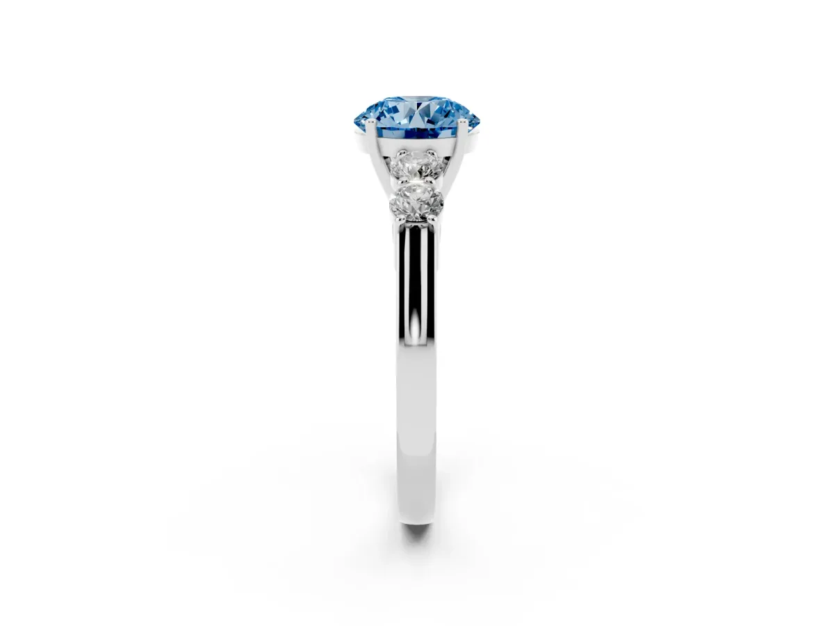 Fancy Blue Round Cut Cut Diamond Five-Stone Prong Set White Gold Ring Silver