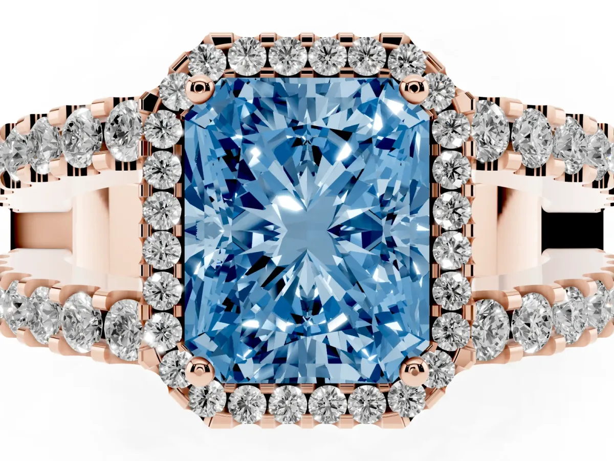 Fancy Blue Radiant Cut Cut Halo Split Shank Diamond Ring with Four-Prong Setting Rose gold