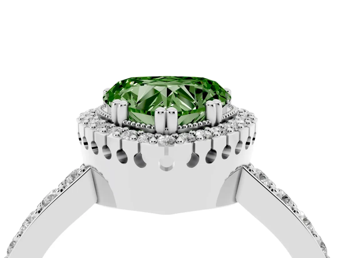 Fancy Green Heart Cut Cut Diamond Halo Engagement Ring with Milgrain Detail and Pavé Band Silver