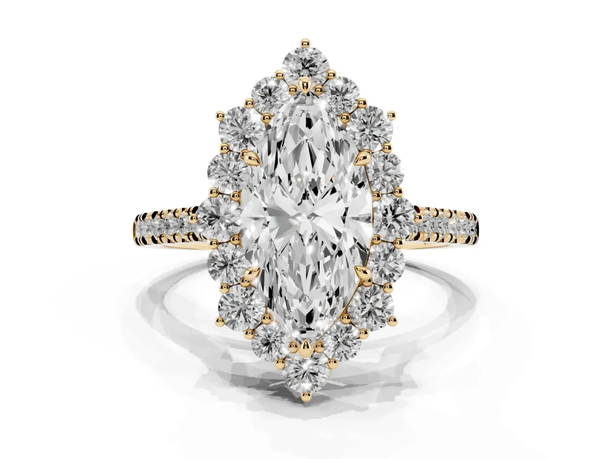 Marquise Cut Halo Diamond Ring with Pavé Band and Prong Setting Yellow gold