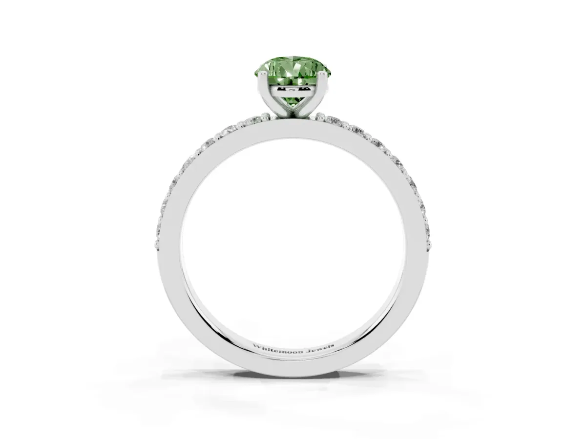 Fancy Green Pear Cut Cut Diamond Solitaire with Pave Band and Four-Prong Setting Silver